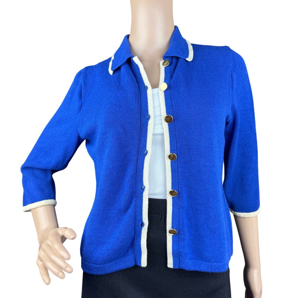 Vintage St John Knits SJK Cobalt Blue Santana Knit Nautical Cardigan Size 4